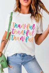 White Thankful Printed Crewneck Thanksgiving T Shirt Graphic Tees JT's Designer Fashion