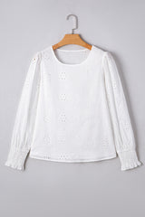 White Eyelet Embroidered Smocked Cuff Sheer Blouse Blouses & Shirts JT's Designer Fashion