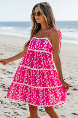 Pink Floral Print Ric Rac Patched Sleeveless Mini Dress Floral Dresses JT's Designer Fashion