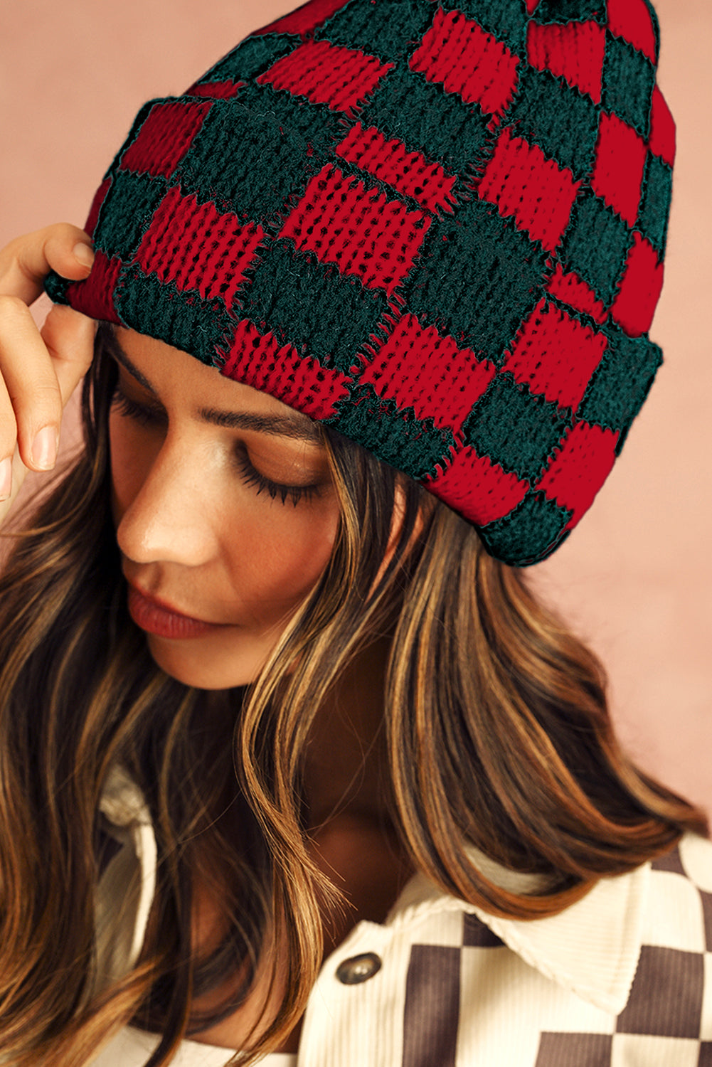 Racing Red Two Tone Checkered Folded Eaveless Beanie Cap Headwear JT's Designer Fashion