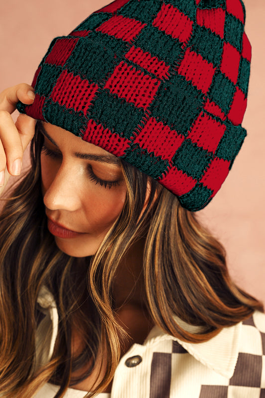Racing Red Two Tone Checkered Folded Eaveless Beanie Cap Headwear JT's Designer Fashion