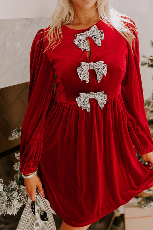Fiery Red Bowknot Decor High Waist Velvet Mini Dress Fiery Red 95%Polyester+5%Elastane Mini Dresses JT's Designer Fashion