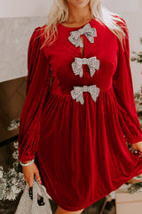 Fiery Red Bowknot Decor High Waist Velvet Mini Dress Fiery Red 95%Polyester+5%Elastane Mini Dresses JT's Designer Fashion