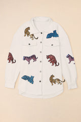 Beige Sequined Tigers Textured Shacket Jackets JT's Designer Fashion