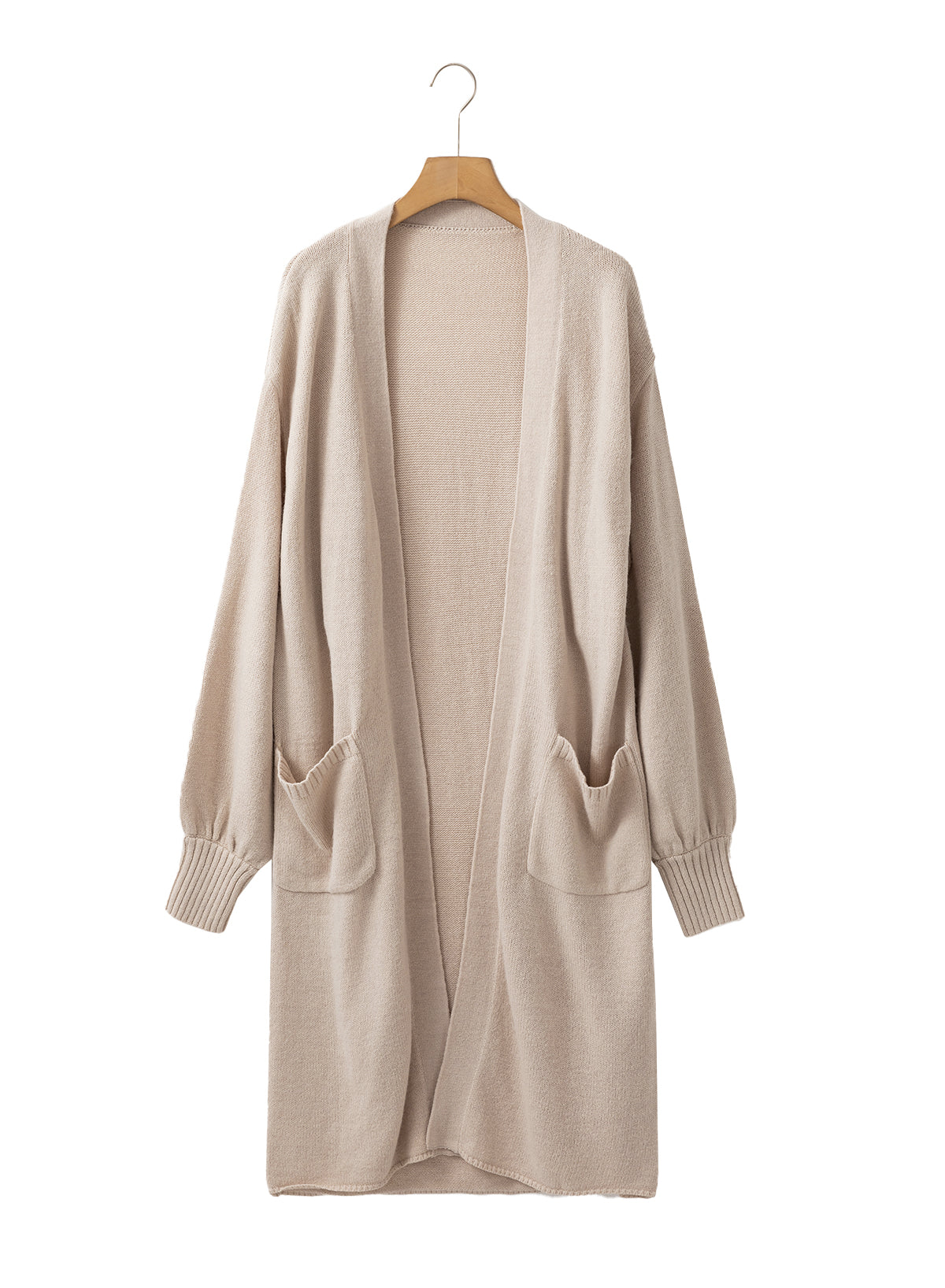 Beige Side Pockets Open Front Long Knitted Cardigan Cardigans JT's Designer Fashion