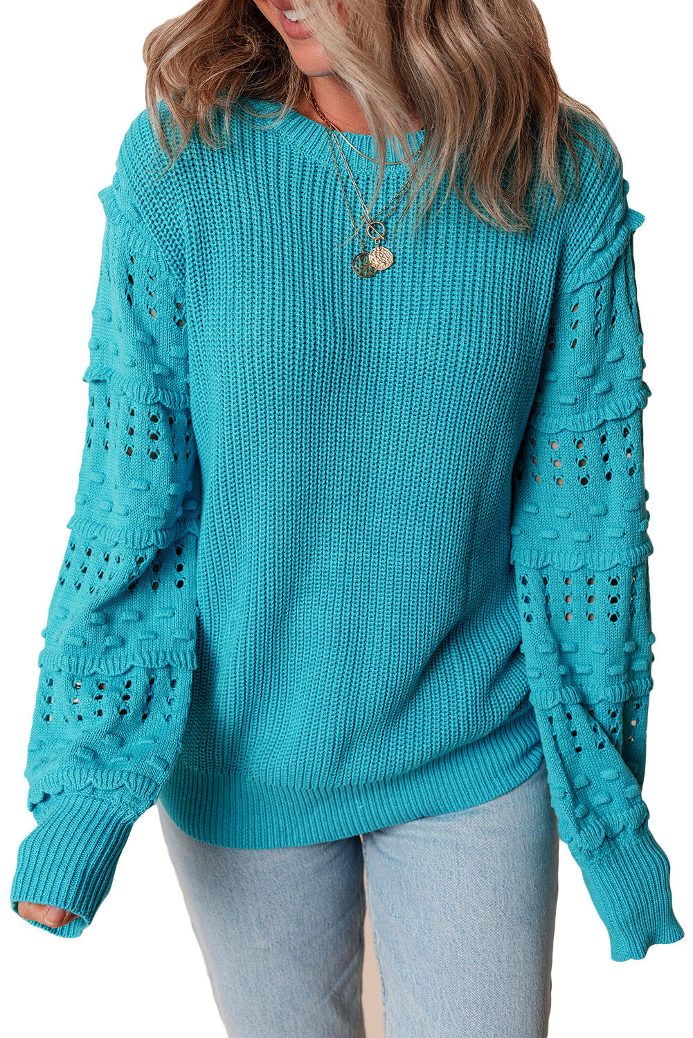 Turquoise Ruffled Eyelet Bubble Sleeve Sweater Sweaters JT's Designer Fashion