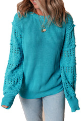 Turquoise Ruffled Eyelet Bubble Sleeve Sweater Sweaters JT's Designer Fashion
