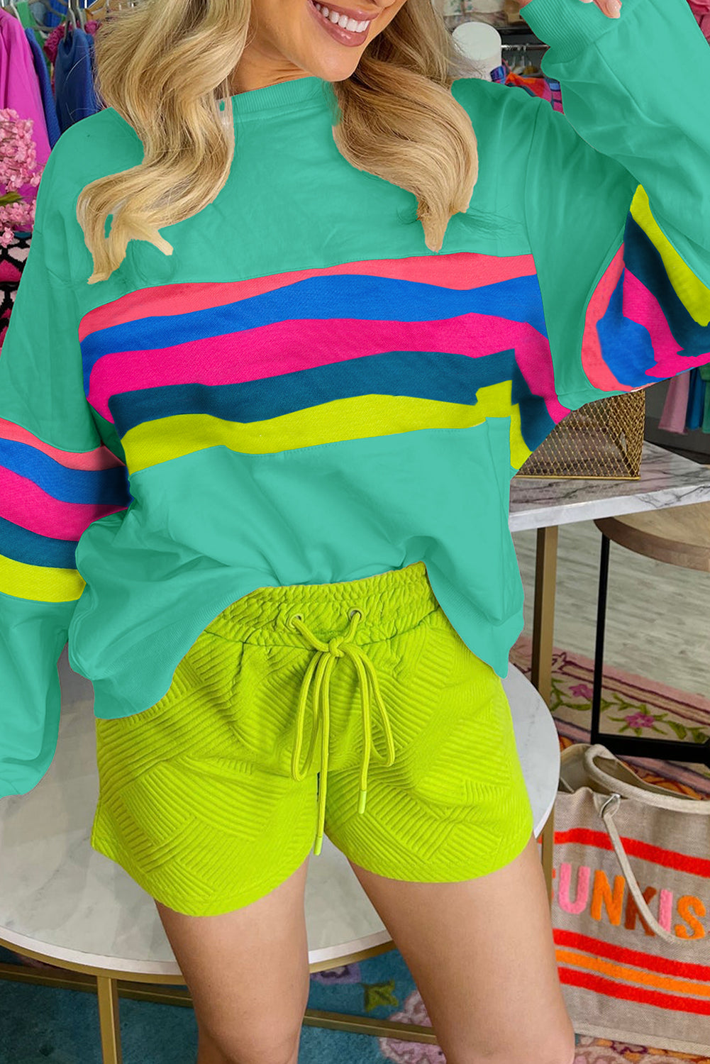 Green Colorful Striped Accent Long Sleeve T Shirt Long Sleeve Tops JT's Designer Fashion