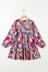 Multicolour Floral Tie Neck Bubble Sleeve Shift Dress Floral Dresses JT's Designer Fashion