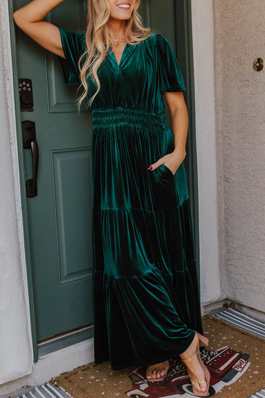Evergreen Velvet Short Sleeve Shirred Waist Tiered Long Dress Evergreen 95%Polyester+5%Elastane Maxi Dresses JT's Designer Fashion