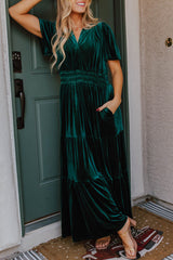 Evergreen Velvet Short Sleeve Shirred Waist Tiered Long Dress Evergreen 95%Polyester+5%Elastane Maxi Dresses JT's Designer Fashion