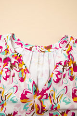 White Abstract Print V Neck Short Sleeve Ruffled Plus Size Mini Dress Plus Size Mini Dresses JT's Designer Fashion