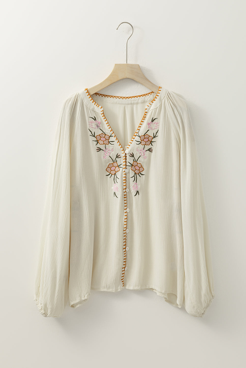 Beige Floral Embroidered Textured Puff Sleeve Loose Shirt Blouses & Shirts JT's Designer Fashion