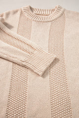 Pale Khaki Solid Color Cable Knit Ribbed Loose Sweater Sweaters JT's Designer Fashion