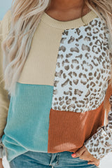 Leopard Patchwork Color Block Ribbed Long Sleeve Top Long Sleeve Tops JT's Designer Fashion