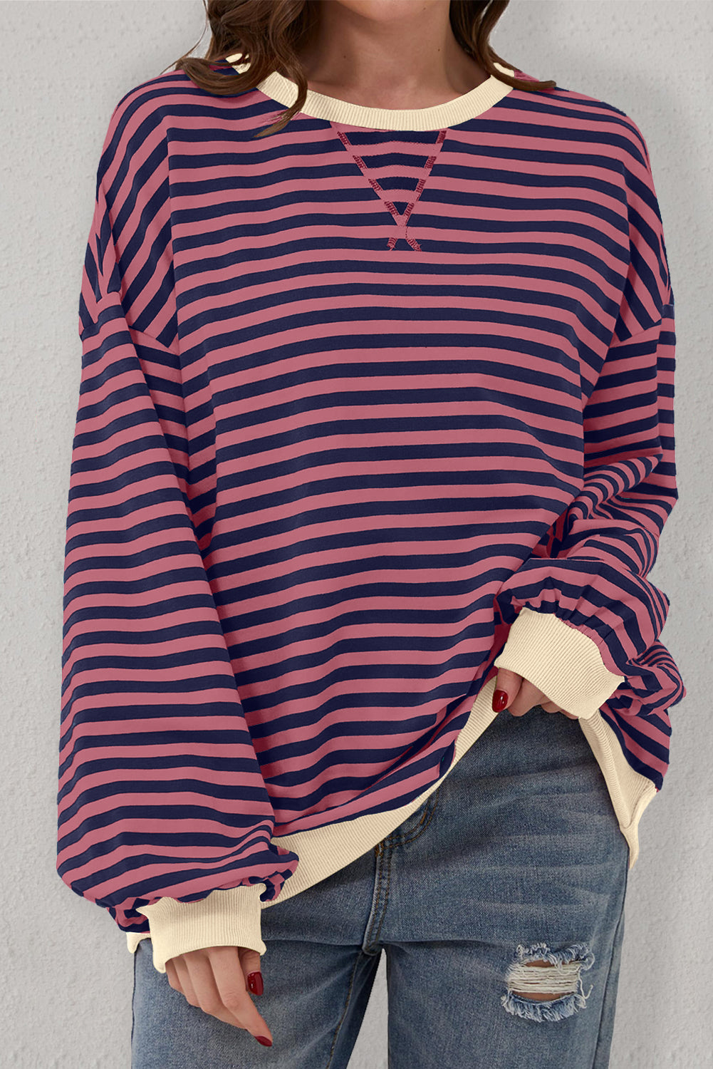 Red Stripe Oversized Contrast Trim Pullover Sweatshirt Sweatshirts & Hoodies JT's Designer Fashion