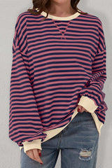 Red Stripe Oversized Contrast Trim Pullover Sweatshirt Sweatshirts & Hoodies JT's Designer Fashion