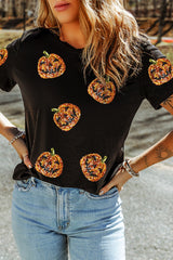 Black Sequin Pumpkin Face Halloween T Shirt Graphic Tees JT's Designer Fashion