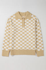 Apricot Checkered Buttons Collar V Neck Drop Shoulder Sweater Sweaters JT's Designer Fashion