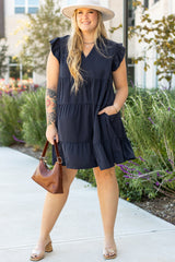 Navy Blue Collared V Neck Flutter Sleeve Tiered Plus Size Dress Plus Size Mini Dresses JT's Designer Fashion
