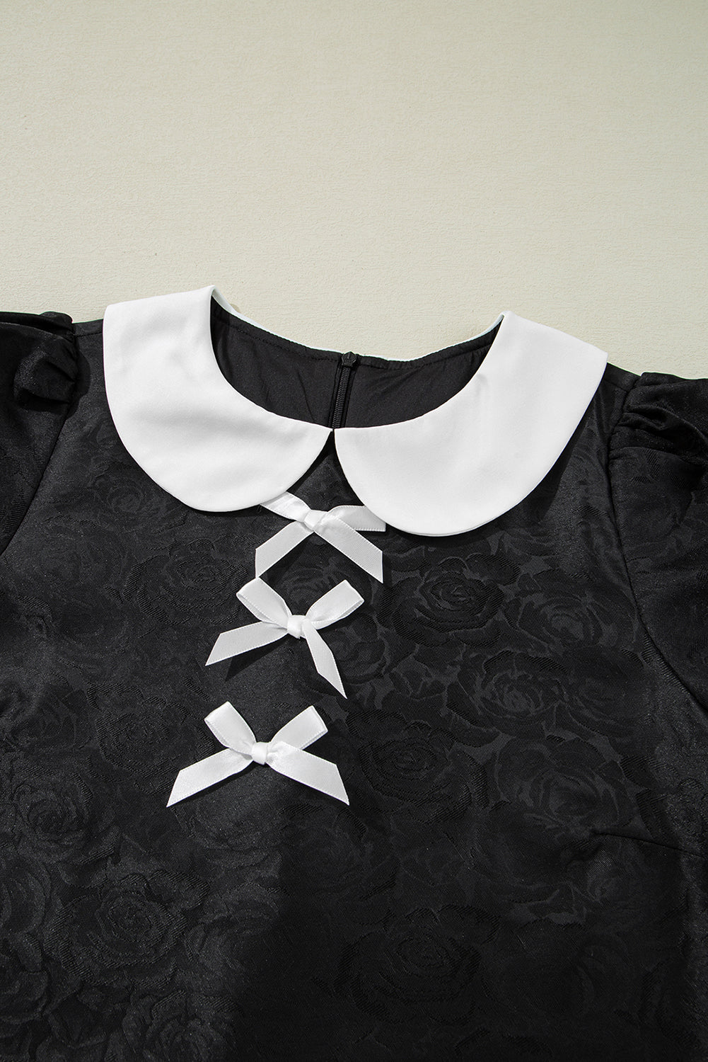Black Floral Embossed Puff Sleeve Colorblock Bow Collared Mini Dress Mini Dresses JT's Designer Fashion