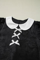 Black Floral Embossed Puff Sleeve Colorblock Bow Collared Mini Dress Mini Dresses JT's Designer Fashion