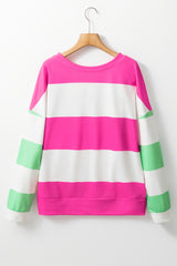 Rose Red Colorblock Striped Drop Shoulder Long Sleeve Top Long Sleeve Tops JT's Designer Fashion