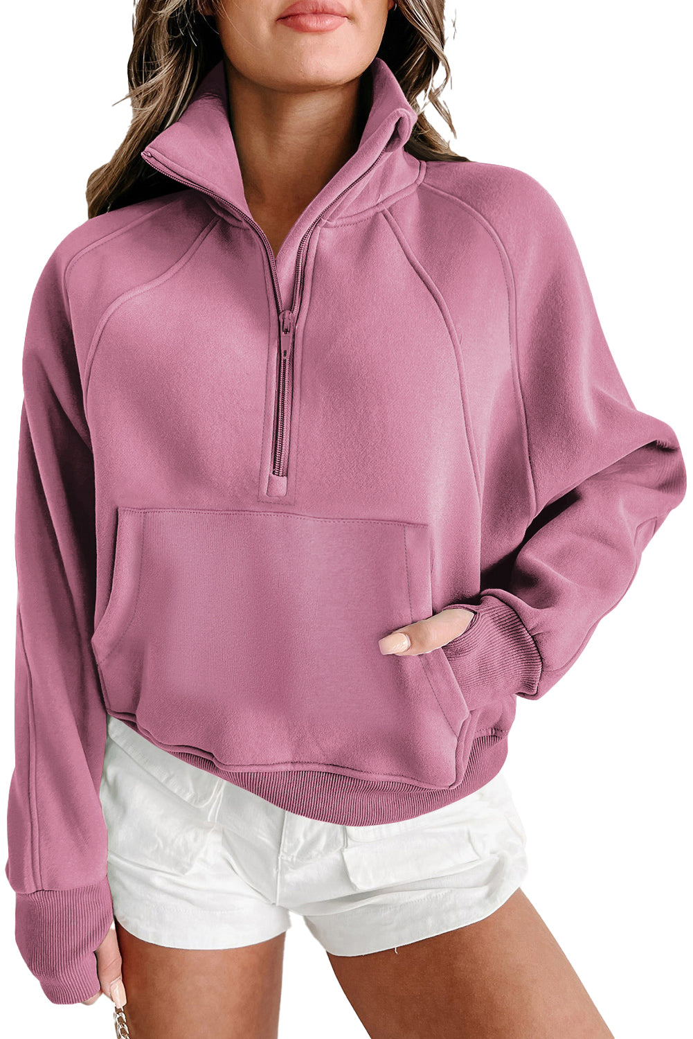 Phalaenopsis Fleece Lined Zip Up Stand Collar Thumbhole Sleeve Sweatshirt Sweatshirts & Hoodies JT's Designer Fashion