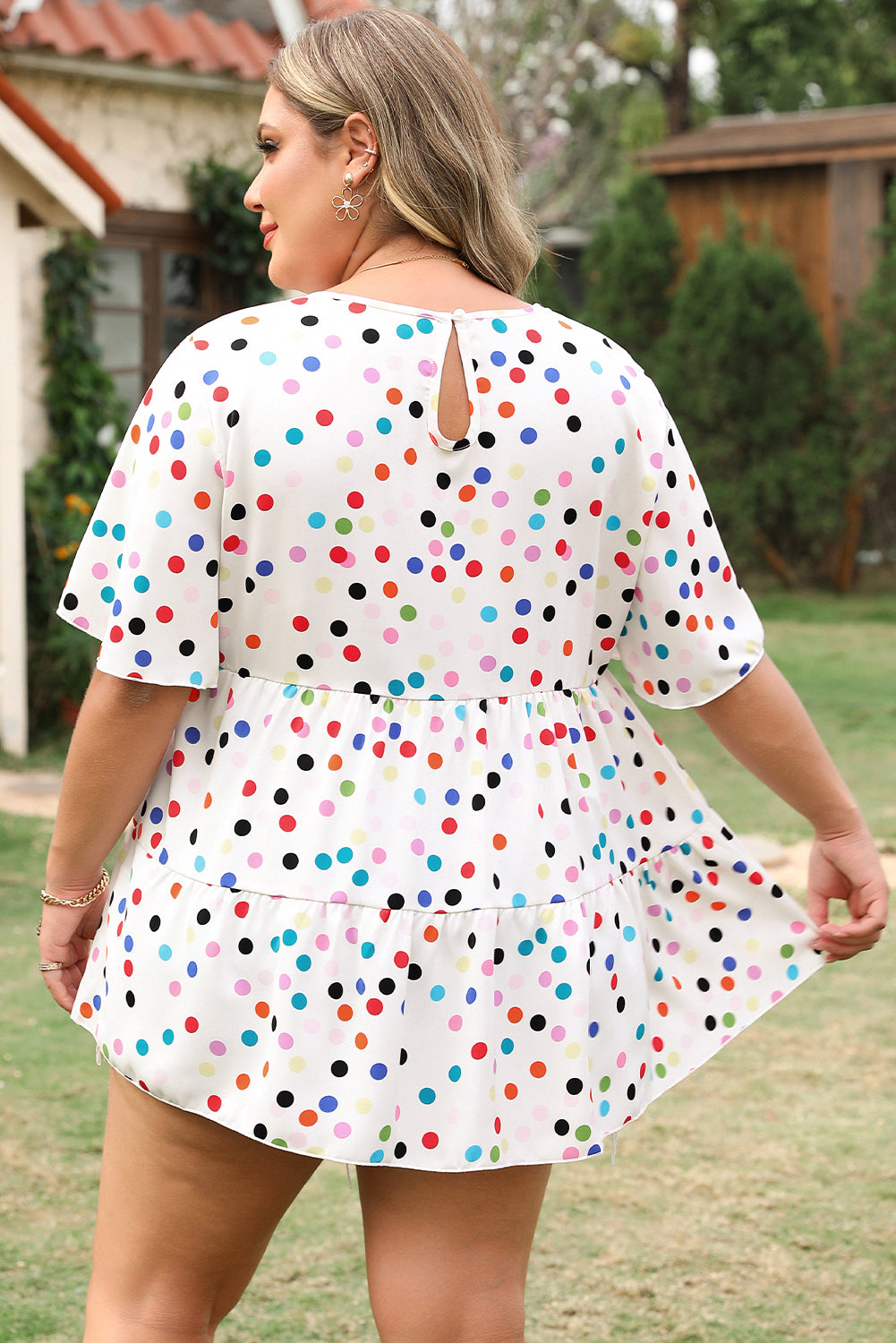 Beige Colorful Polka Dot Print Short Sleeve Ruffled Plus Size Babydoll Blouse Plus Size Blouses & Shirts JT's Designer Fashion