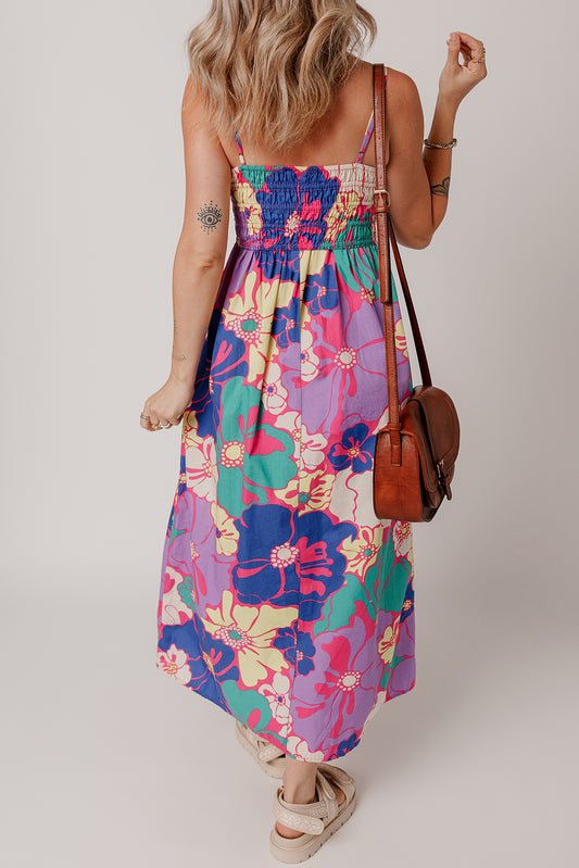 Purple Floral Print Shirred Spaghetti Strap Loose Long Dress Maxi Dresses JT's Designer Fashion