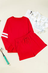 Fiery Red Varsity Striped Sleeve Drop Shoulder Sweatshirt and Short Set Short Sets JT's Designer Fashion