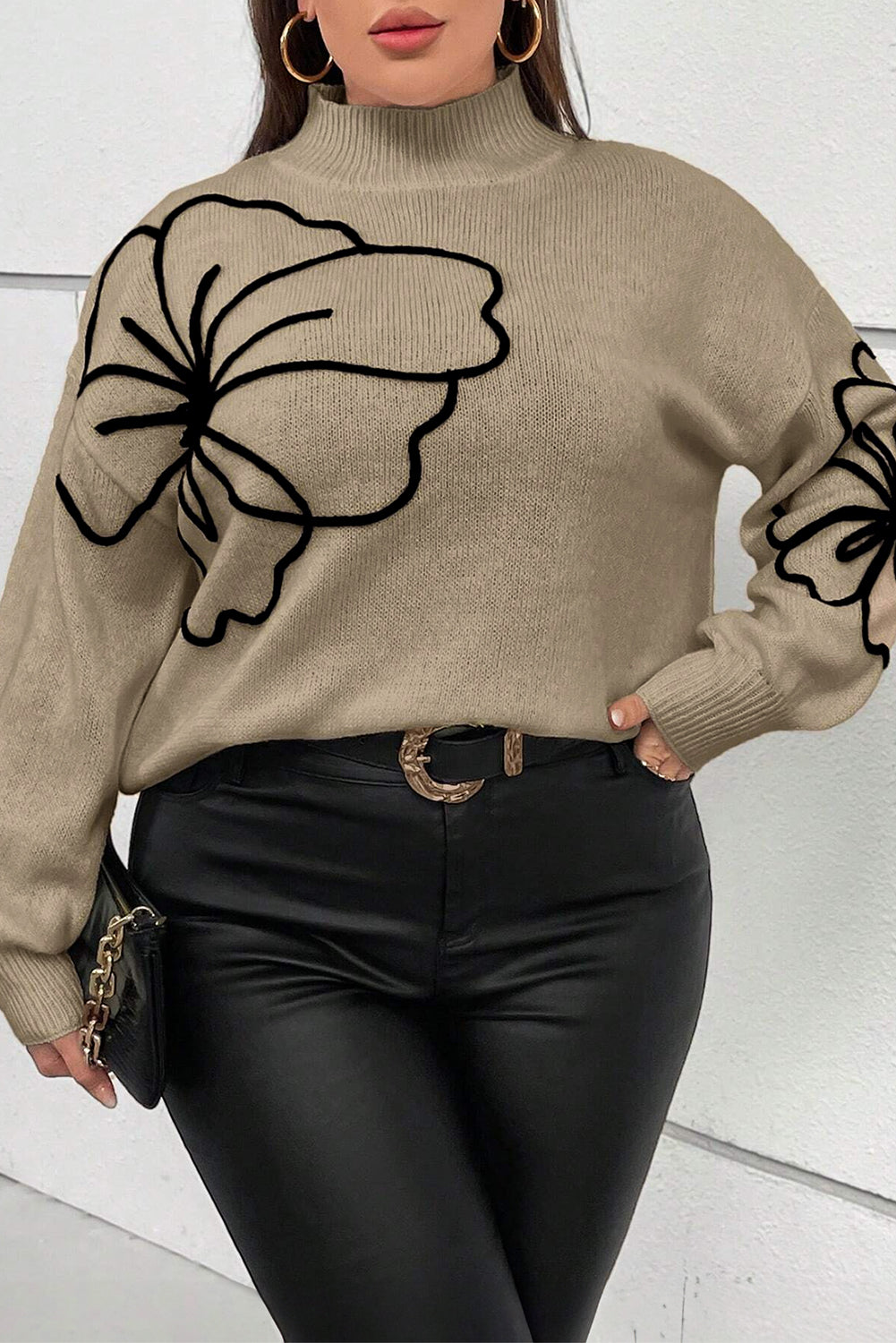 Dark Khaki Plus Size Big Flower Pattern High Neck Drop Shoulder Sweater Plus Size Sweaters & Cardigans JT's Designer Fashion