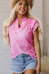 Pink Abstract Print Ric Rac Trim Flutter Sleeve Notch V Neck Blouse Blouses & Shirts JT's Designer Fashion