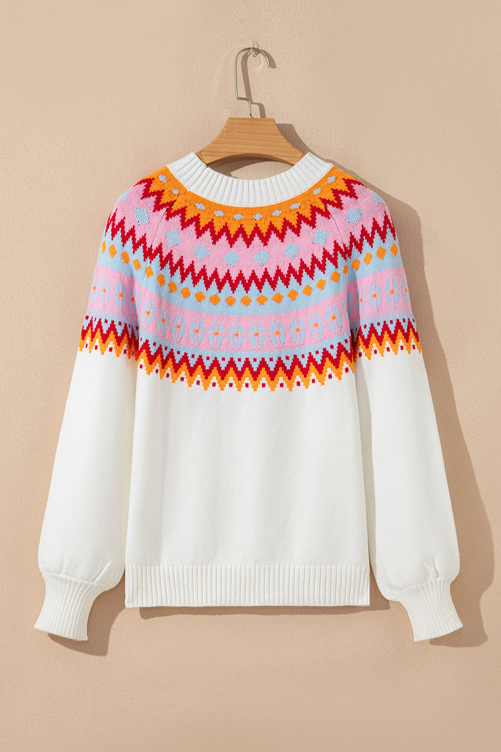 White Ethnic Geometric Colorblock Print Drop Shoulder Sweater Sweaters JT's Designer Fashion