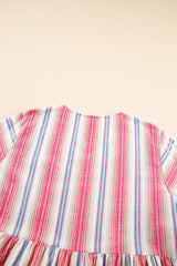 White Stripe Plus Size Embroidered Detail Flared 3/4 Sleeve V Neck Dress Plus Size Mini Dresses JT's Designer Fashion