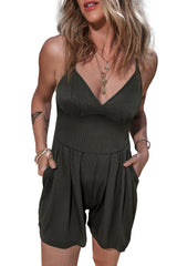 Moss Green Spaghetti Straps Cinched Waist Ribbed Romper Bottoms JT's Designer Fashion
