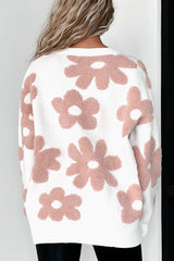 White Textured Flower Drop Shoulder Loose Sweater Sweaters JT's Designer Fashion