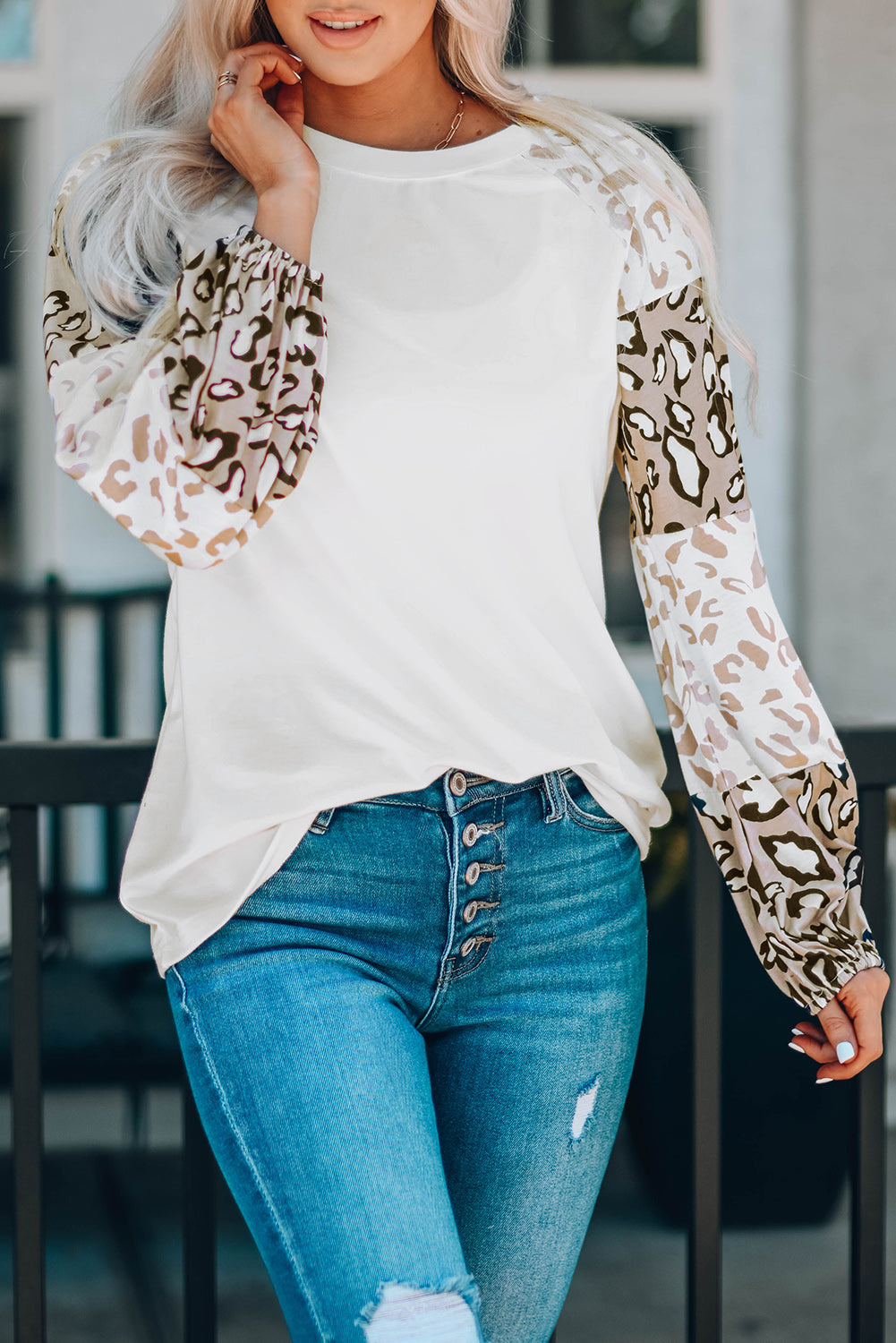 Beige Leopard Print Bubble Sleeve Top Long Sleeve Tops JT's Designer Fashion