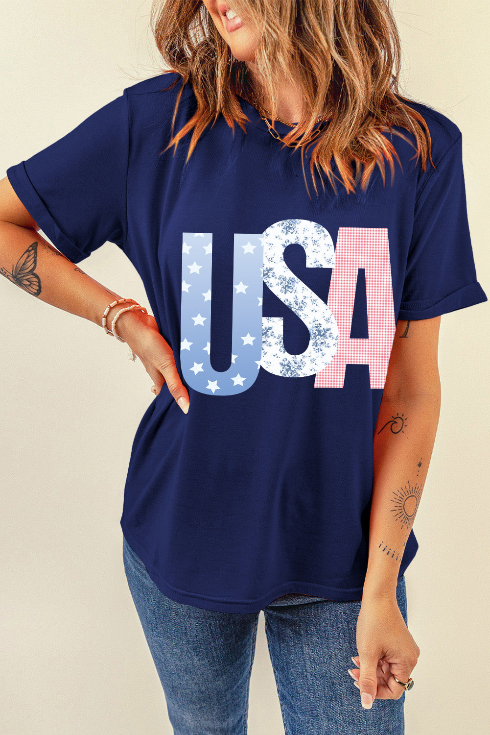 Blue USA Graphic July 4th Crew Neck T Shirt Graphic Tees JT's Designer Fashion