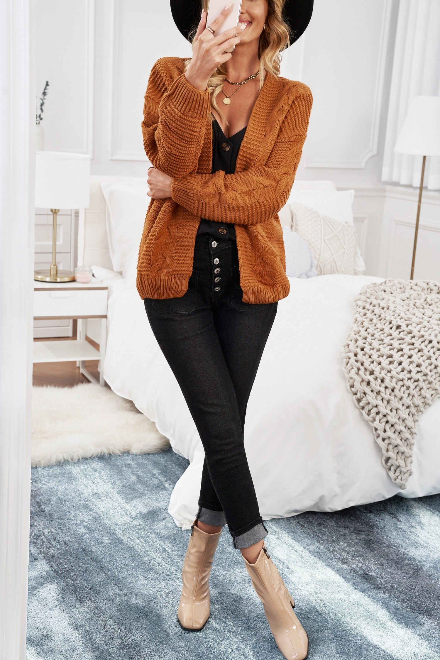 Khaki Chunky Wide Long Sleeve Knit Cardigan Sweaters & Cardigans JT's Designer Fashion