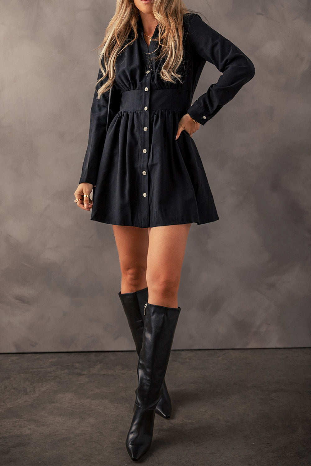 Black Elastic Cinched High Waist Long Sleeve Shirt Mini Dress Mini Dresses JT's Designer Fashion