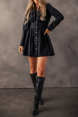 Black Elastic Cinched High Waist Long Sleeve Shirt Mini Dress Mini Dresses JT's Designer Fashion