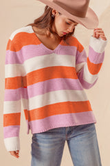 Orange Stripe Colorblock V Neck Casual Sweater Sweaters JT's Designer Fashion