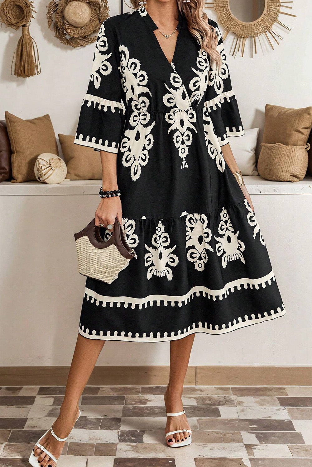 Black Western Geometric Print 3/4 Sleeve Loose Midi Dress Midi Dresses JT's Designer Fashion