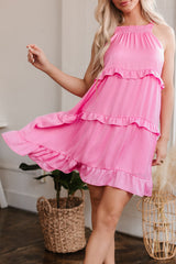 Pink Smocked Neck Knot Back Frilly Tiered Sleeveless Mini Dress Mini Dresses JT's Designer Fashion