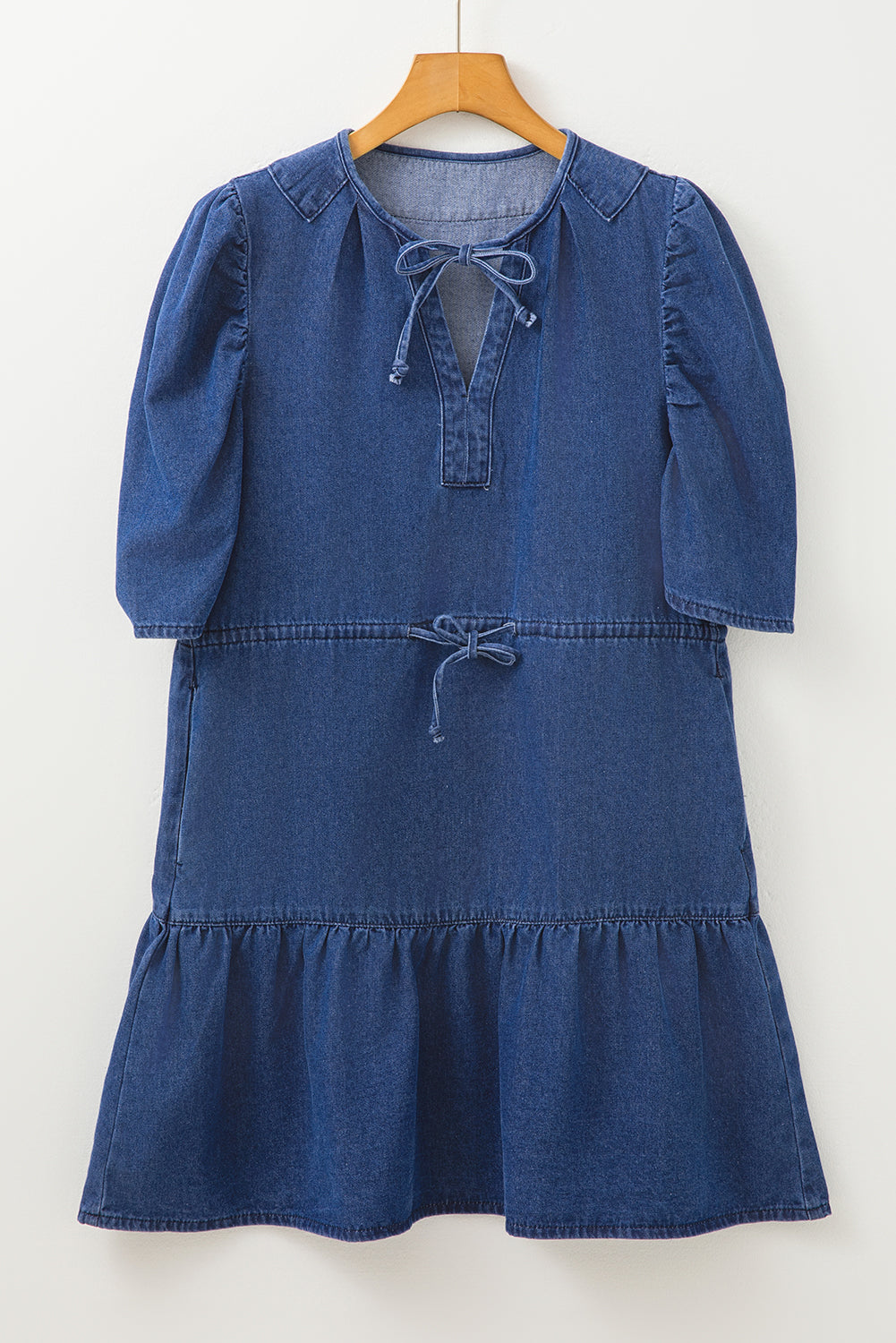 Blue Drawstring High Waist Puff Sleeve Denim Mini Dress Mini Dresses JT's Designer Fashion