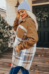 Khaki Plaid Patchwork Long Sleeve Shirt Mini Dress Mini Dresses JT's Designer Fashion