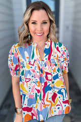White Abstract Print Shirred Cuff Puff Sleeve Plus Size Blouse Plus Size Blouses & Shirts JT's Designer Fashion