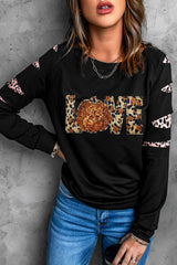 Black LOVE Sequin Pumpkin Leopard Print Cut Out Sleeve Sweatshirt Graphic Sweatshirts JT's Designer Fashion