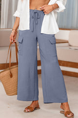 Dark Grey Drawstring Frilled Waist Wide Leg Utility Trousers Pants & Culotte JT's Designer Fashion